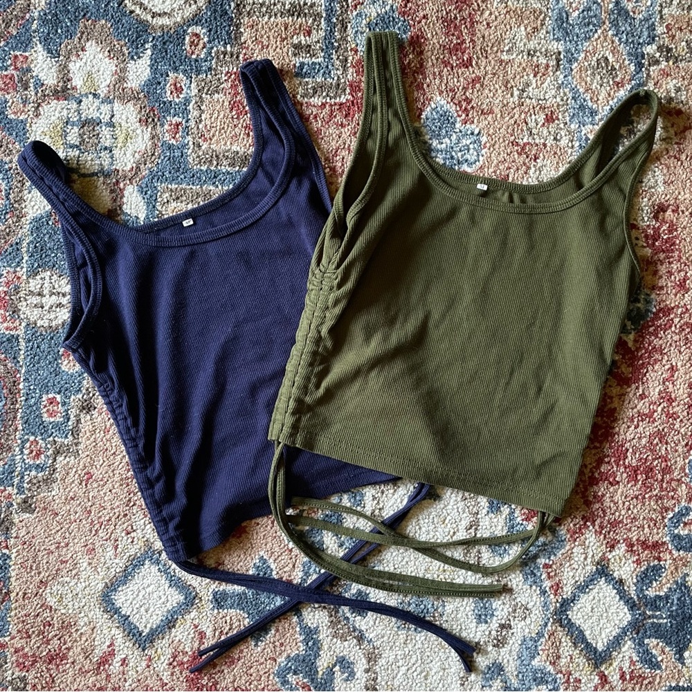 SET OF 2! ARTFISH RUCHED ADJUSTABLE SIDE CROP TANK, M - NAVY BLUE & OLIVE GREEN